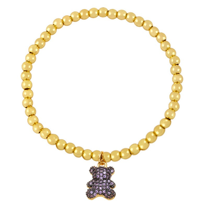 Wholesale Cute Bear Pendant Bracelet Copper Plated 18K Gold Handmade Beaded Elastic Bracelet